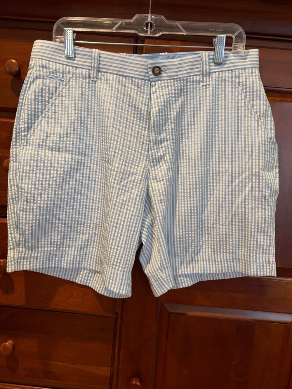 Light Blue and White Striped Seersucker Men’s Flat Front Shorts by Time Flies